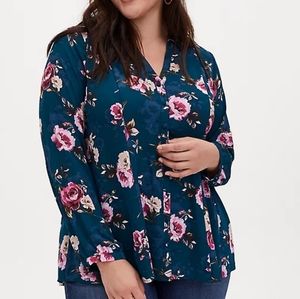 TORRID TEAL FLORAL GEORGETTE FIT & FLARE BLOUSE
